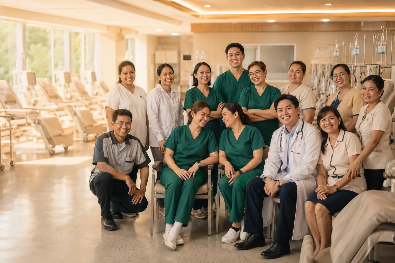 The full St. John Biocare team — nurses, physician, dietitian, social worker, front-desk and support staff — together inside a dialysis center