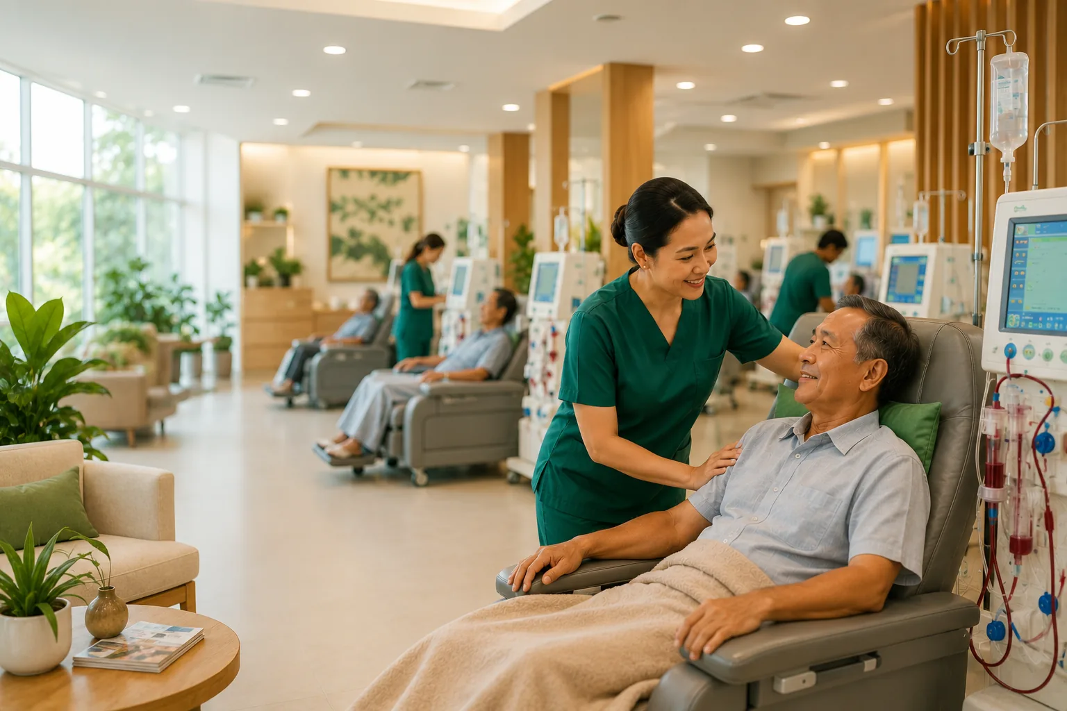 A bright, welcoming St. John Biocare dialysis floor with a nurse attending to a patient