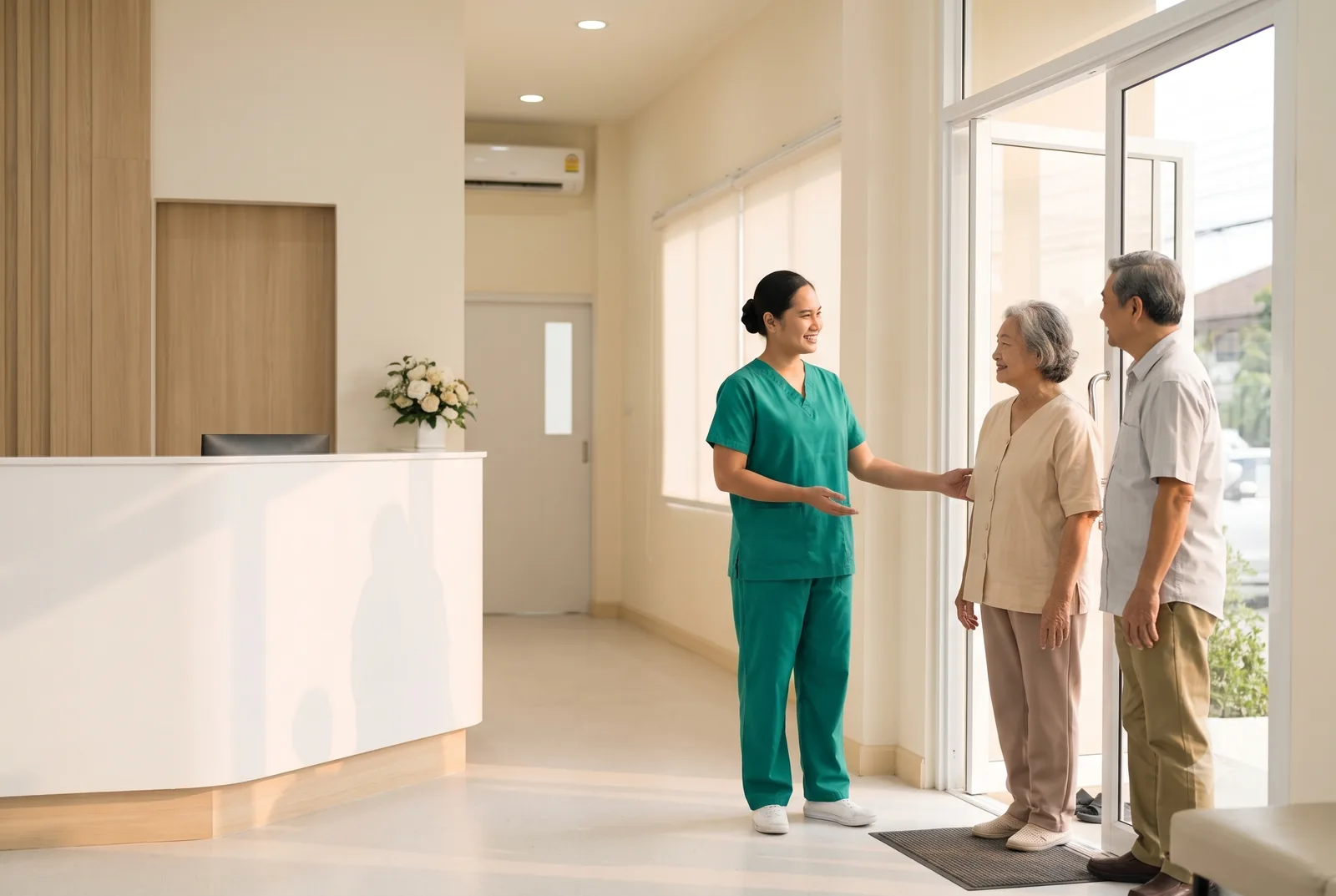 A St. John Biocare nurse warmly welcoming an elderly couple at the center's bright reception entrance