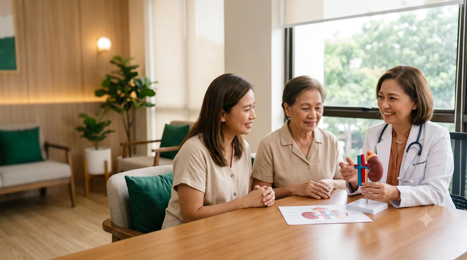 A St. John Biocare nephrologist explaining kidney health to an older patient and their family using a kidney model