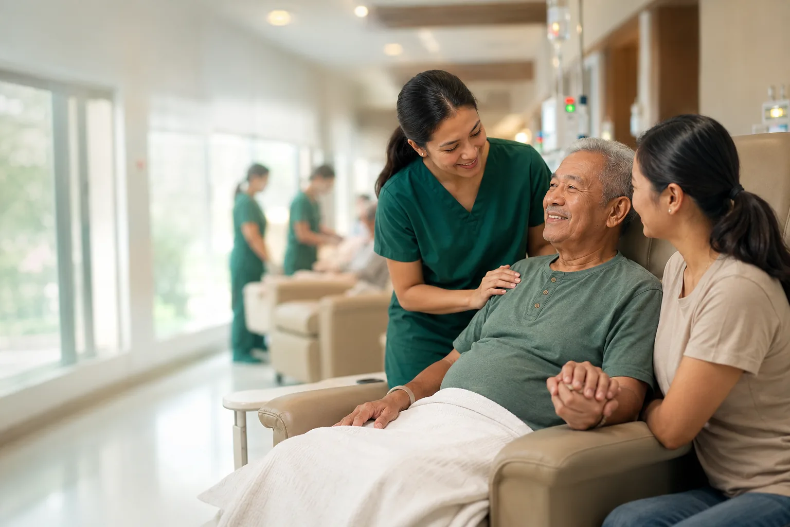A St. John Biocare nurse and a family member at the side of an older patient resting comfortably during dialysis
