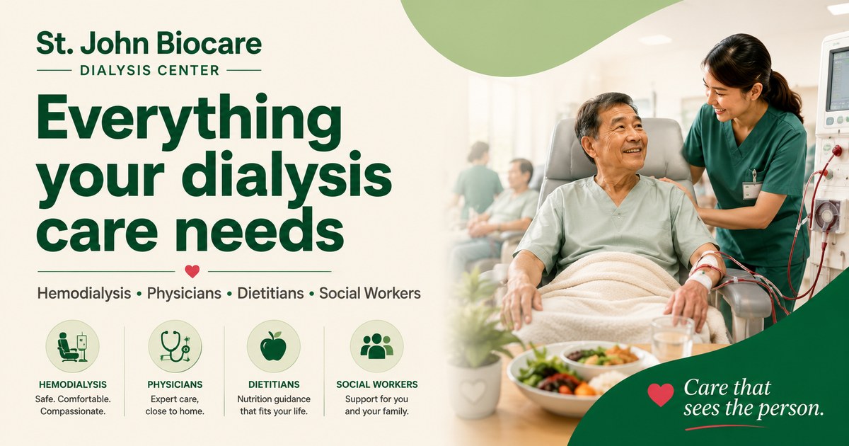 St. John Biocare services at a glance: hemodialysis, physicians on duty, renal dietitians, and social workers.