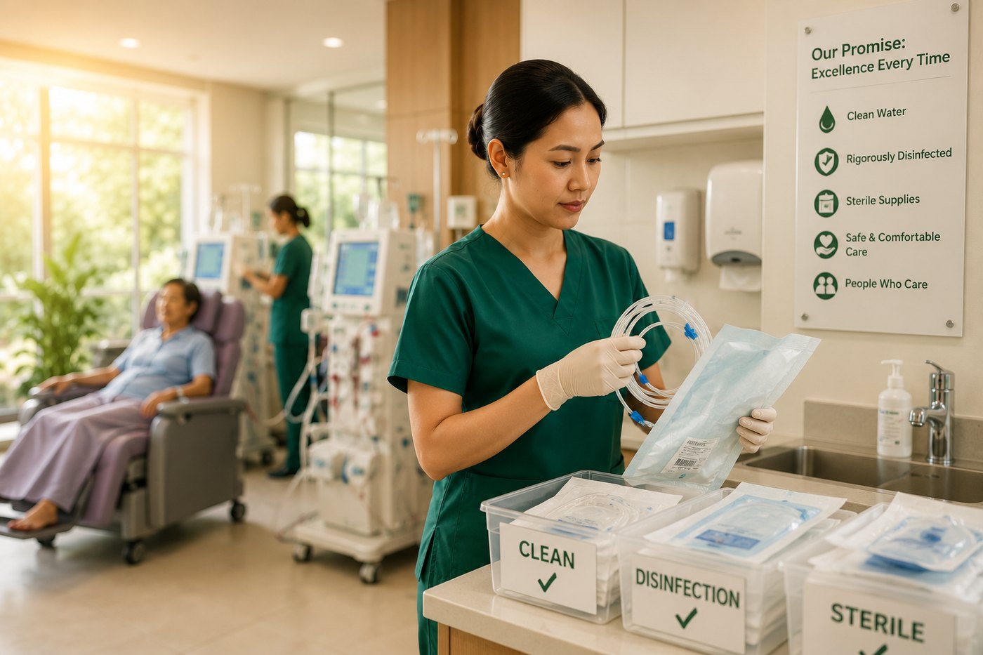 A nurse handling sterile, individually packaged dialysis supplies under strict infection-control practices