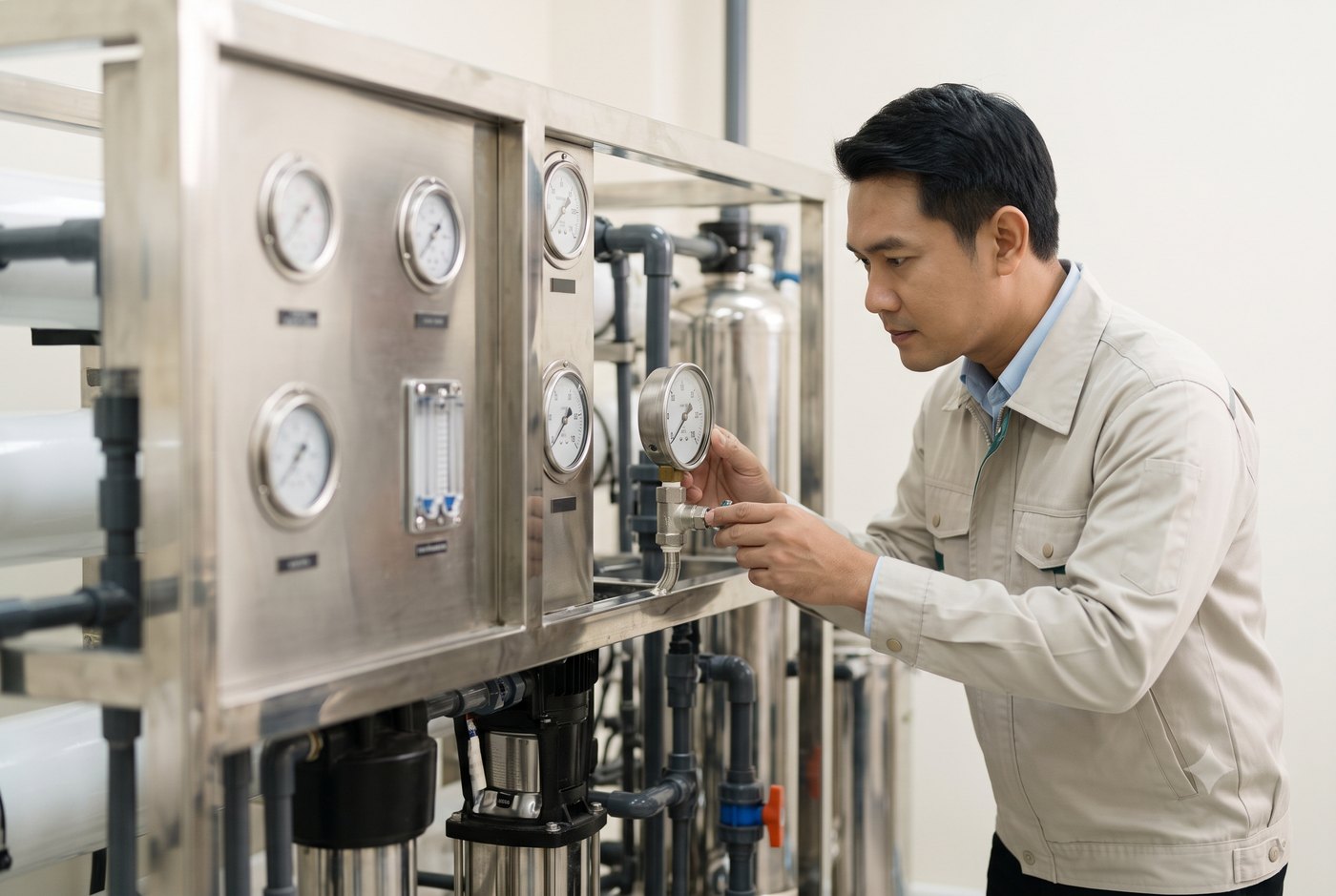 A technician inspecting the stainless-steel reverse-osmosis water treatment system
