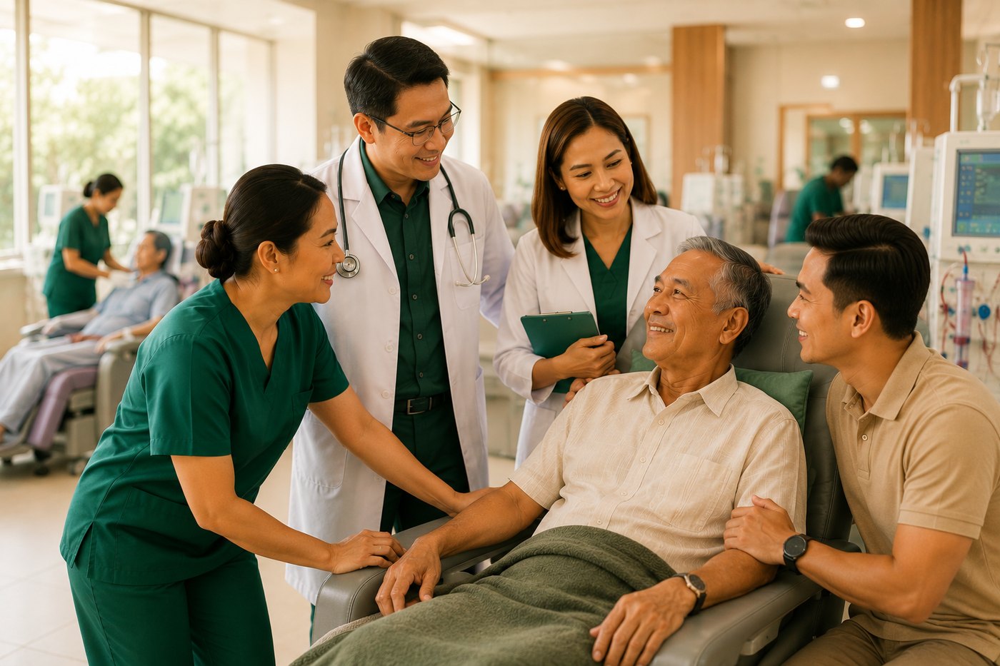 A St. John Biocare care team — nurse, physician and dietitian — around a patient and their family member