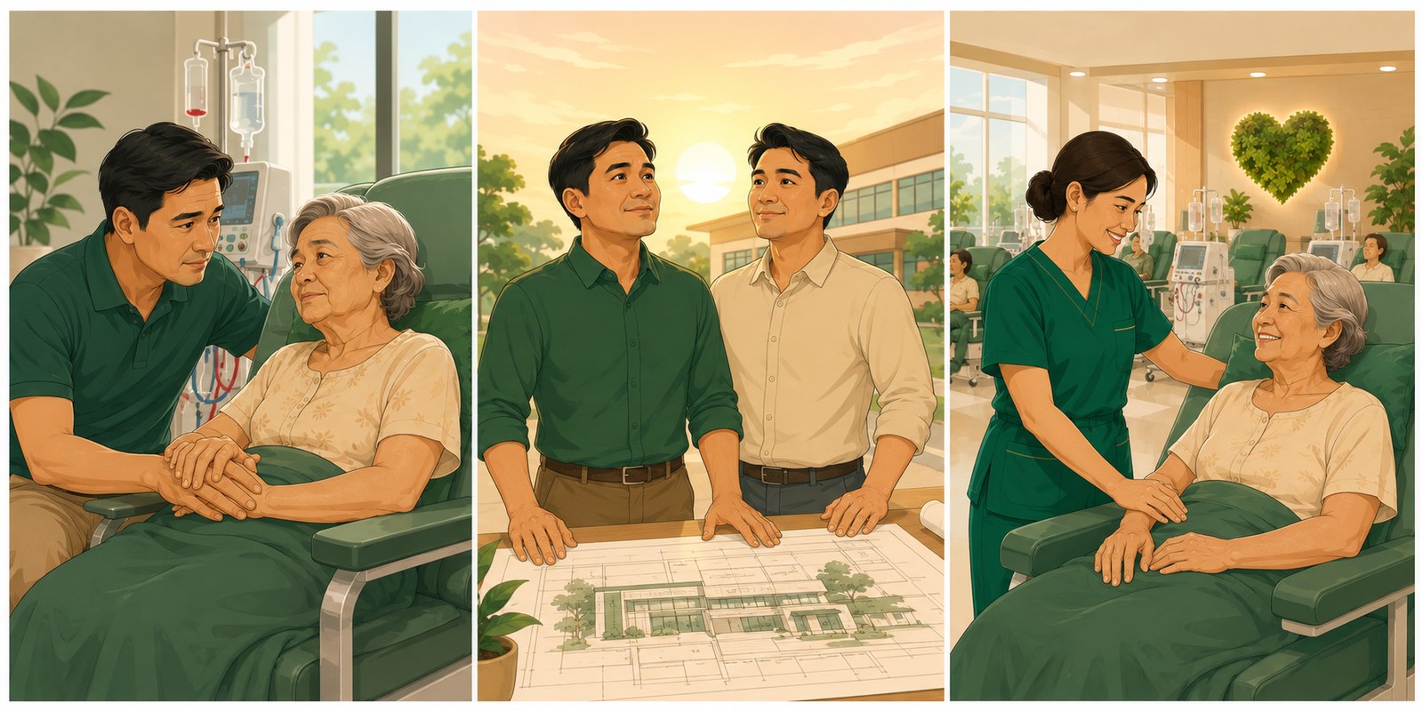 An illustrated three-panel story: a son at his mother's side during dialysis, the resolve to build better care, and a warm, excellent dialysis center
