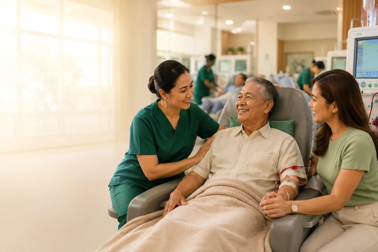 A St. John Biocare nurse and an adult daughter comforting an older patient resting during a hemodialysis session